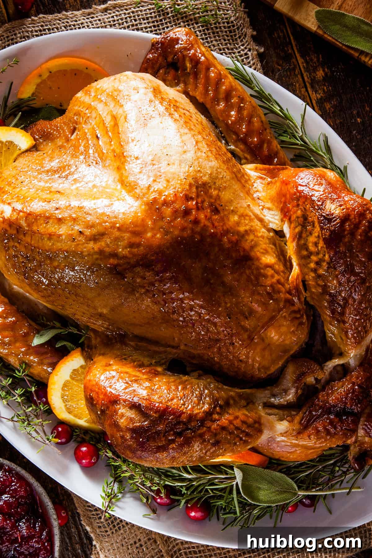 A roasted Thanksgiving turkey served on a platter and garnished with citrus slices and green herbs.