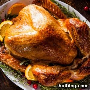 A roasted Thanksgiving turkey garnished with citrus slices and green herbs.