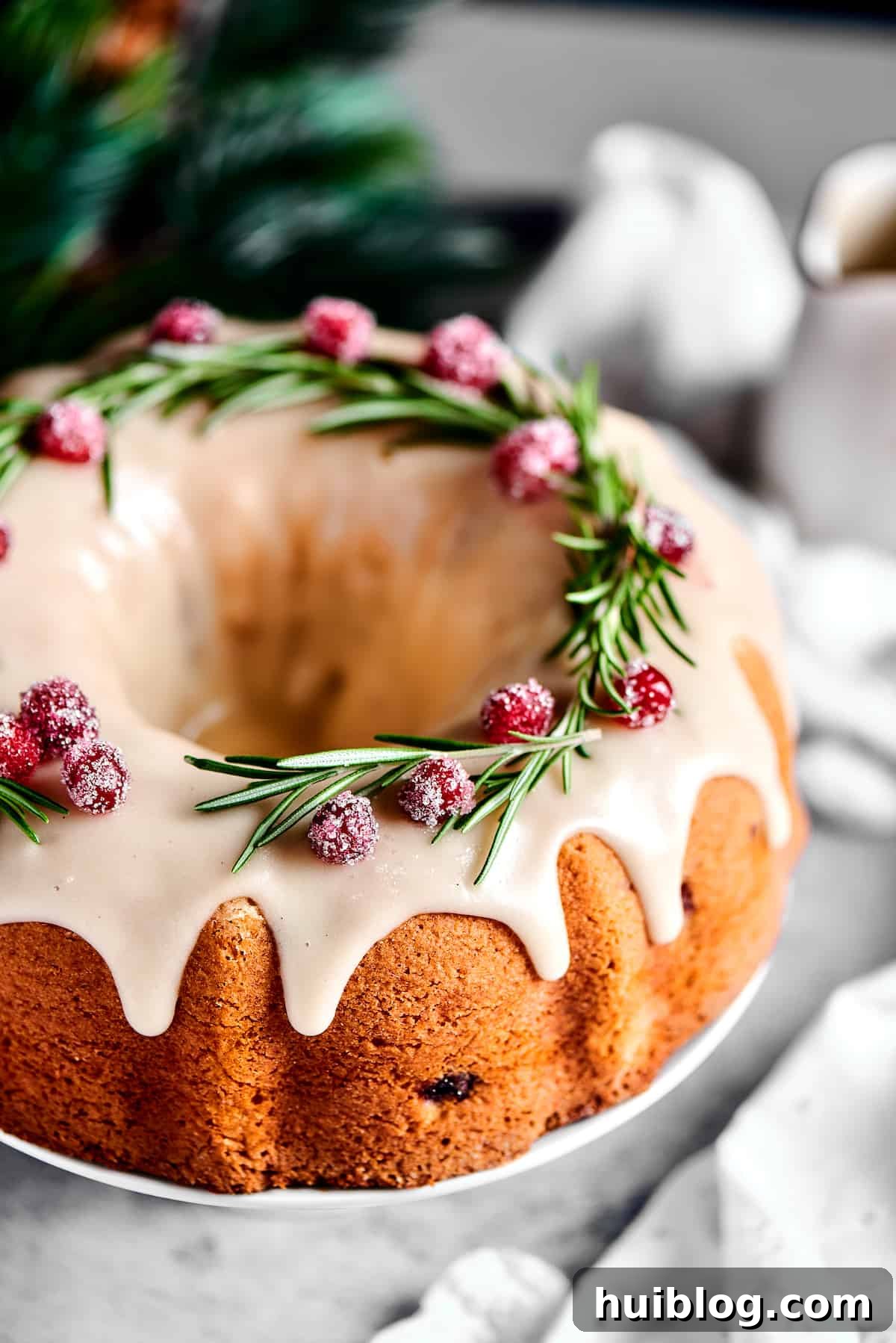 A close-up overhead view of a beautifully glazed and garnished Christmas Cranberry Pound Cake, ready for serving.