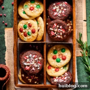Chocolate and vanilla Christmas cake mix cookies in a decorative box.