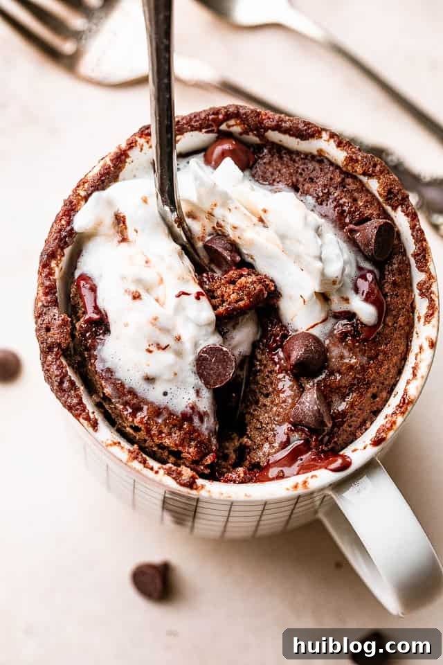 A spoon digging into a moist chocolate mug cake, topped with a delicate swirl of whipped cream.