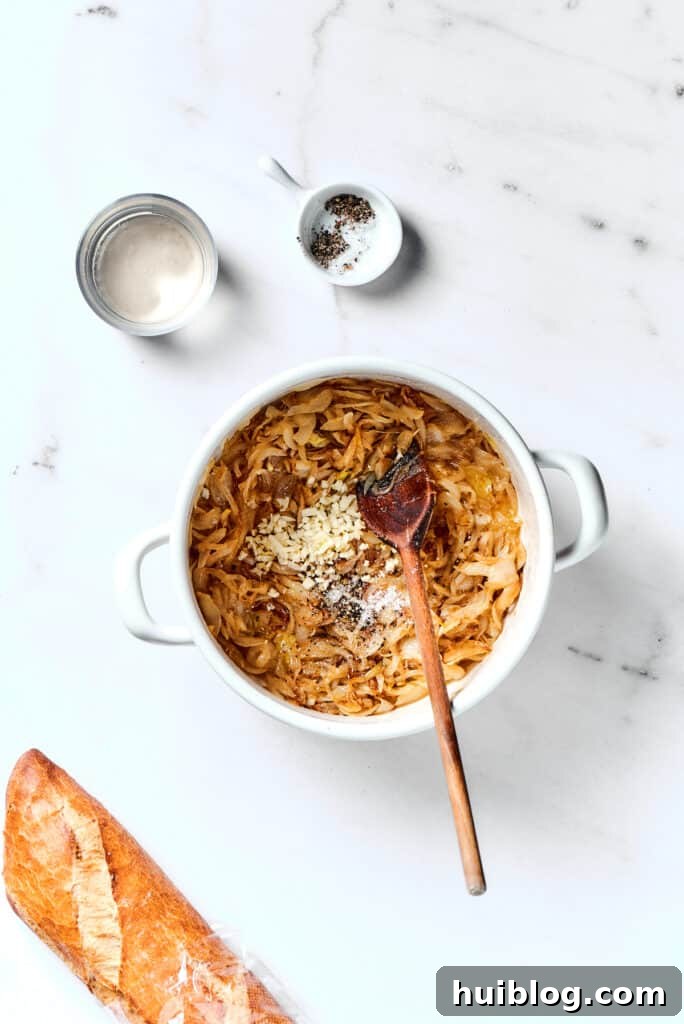 Caramelized Onion & Gruyère Soup 7 Caramelized onions and minced garlic gently sautéing in the pot, filling the kitchen with rich aromas.