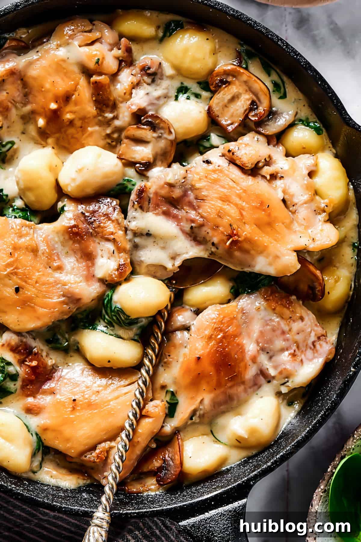 Creamy Chicken & Gnocchi is a bold, yet comforting combo of tender chicken, pillowy gnocchi, and flavorful spinach and mushrooms. A close-up shot showcasing the creamy texture and rich ingredients of the chicken and gnocchi dish.