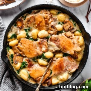 Creamy chicken and gnocchi in a cast-iron skillet, showcasing its rich texture.