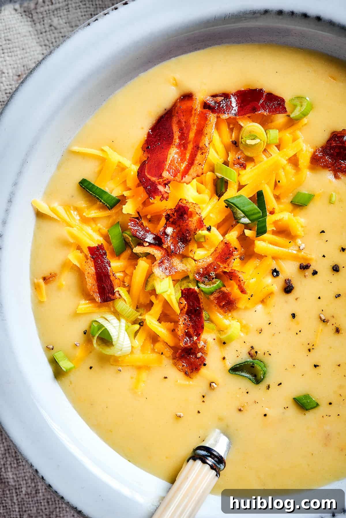 A close-up shot showcasing the beautiful toppings of crispy bacon bits, vibrant green onions, and golden shredded cheese sprinkled generously over a bowl of rich, creamy soup.