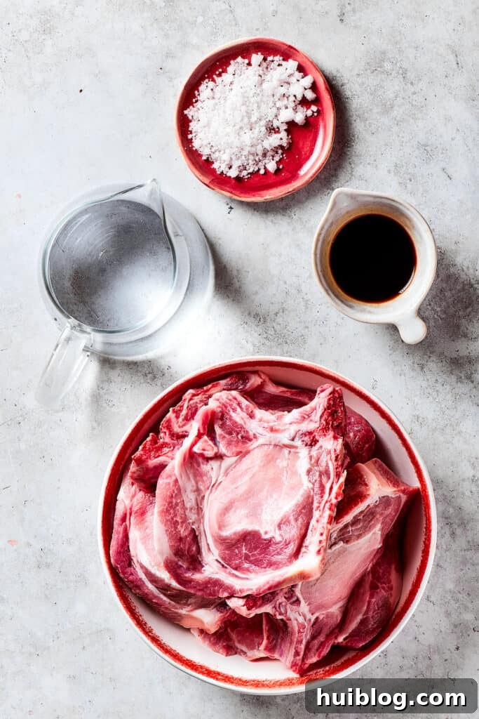 Gorgeous Brown Sugar Pork Chops may look fancy, but they are actually so simple to make! Savory, pan-fried chops with brown sugar glaze. Pork chops, salt, water, and balsamic vinegar laid out on a counter before brining.