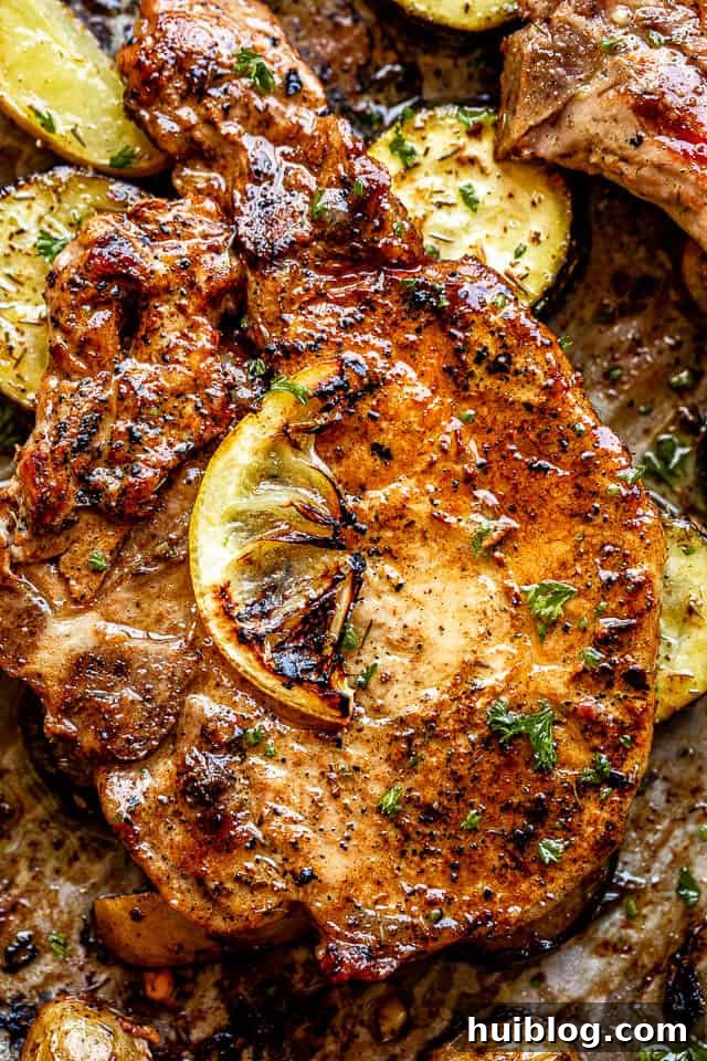 Close-up of a perfectly baked pork chop, topped with a fresh lemon slice and herbs, ready to be served