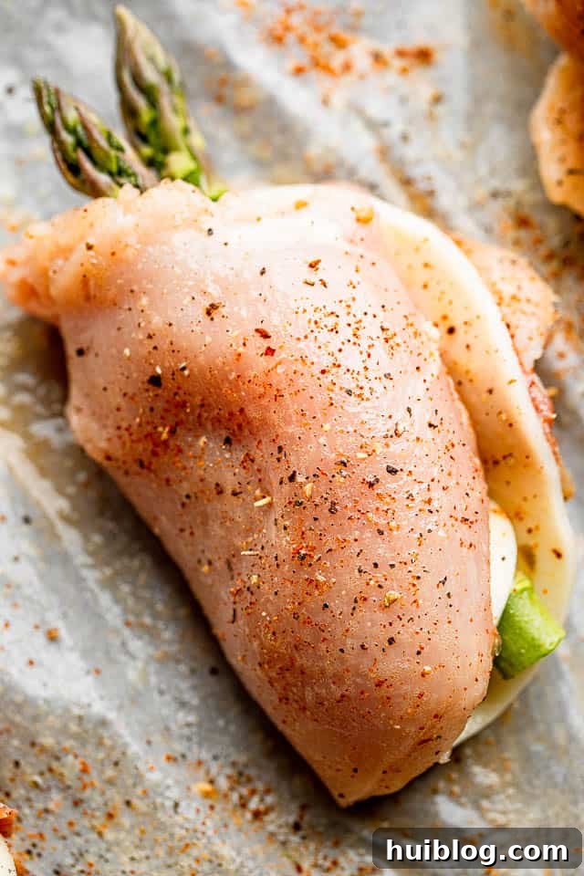 Raw chicken breast rolled up with asparagus spears and a slice of cheese, secured with toothpicks, ready for baking.