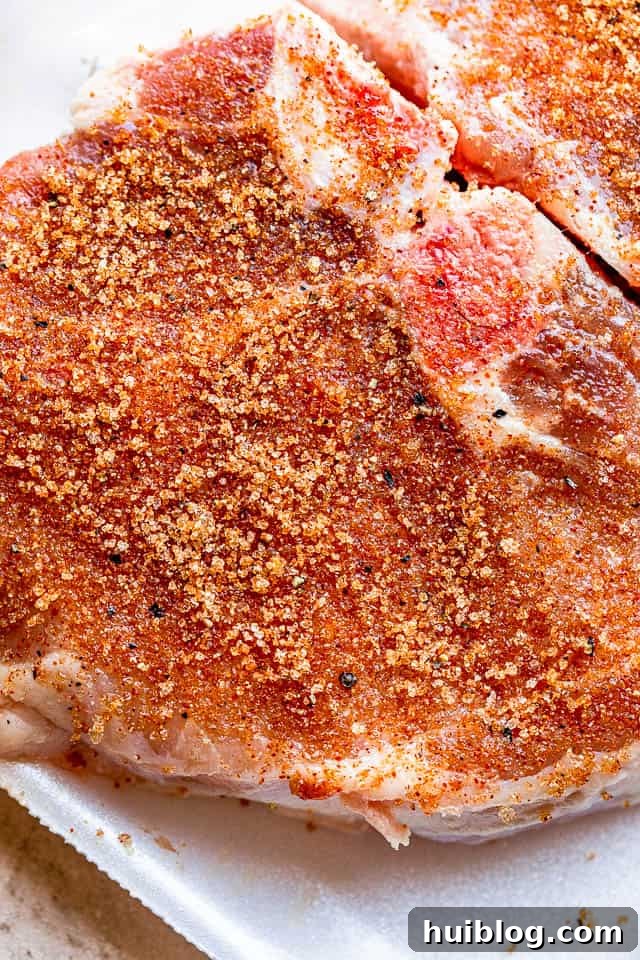Raw pork chops generously coated with a savory and sweet seasoning rub, ready for the grill.