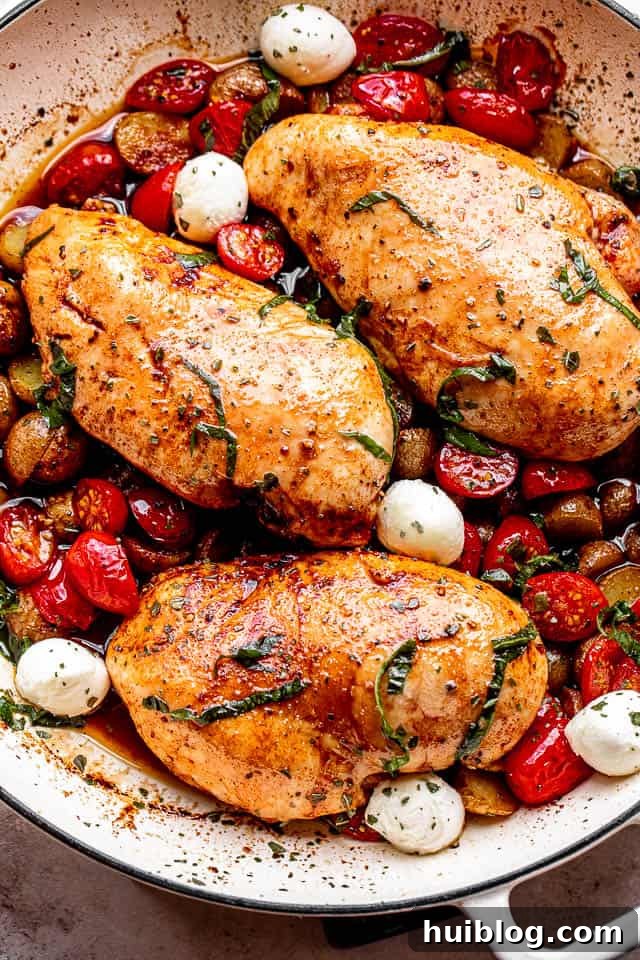 One-Pan Balsamic Chicken and Potatoes 3 Close-up of chicken breasts brushed with balsamic vinegar, artfully arranged next to fresh cherry tomatoes, small mozzarella cheese balls, and a garnish of basil on a baking sheet, ready for the oven.
