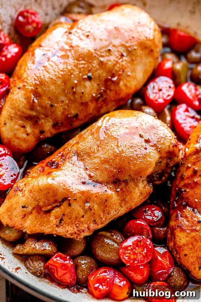 One-Pan Balsamic Chicken and Potatoes 5 A beautifully composed sheet pan dinner with perfectly cooked chicken breasts nestled on a bed of roasted cherry tomatoes and small, golden-brown potatoes, ready to be served.