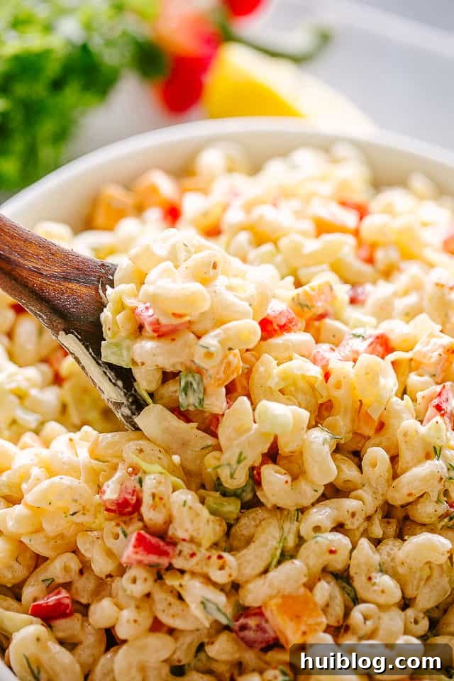 This macaroni salad is zesty, creamy, and full of great flavor and texture. Perfect for family gatherings or as a side to any weeknight meal! Close-up of a bowl of macaroni salad with a fork
