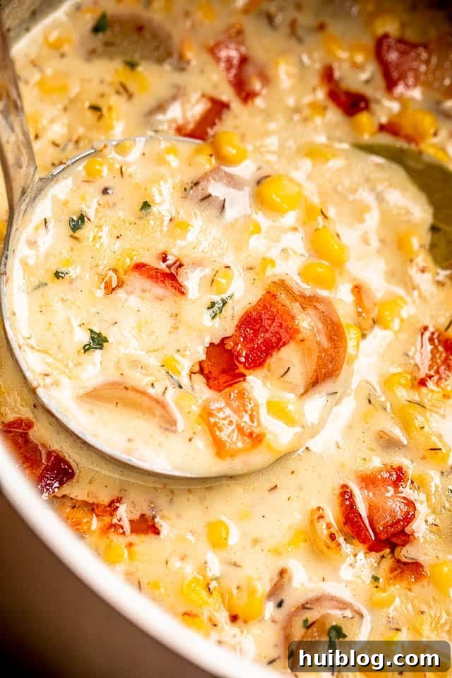 ladling corn chowder soup out of the Instant Pot