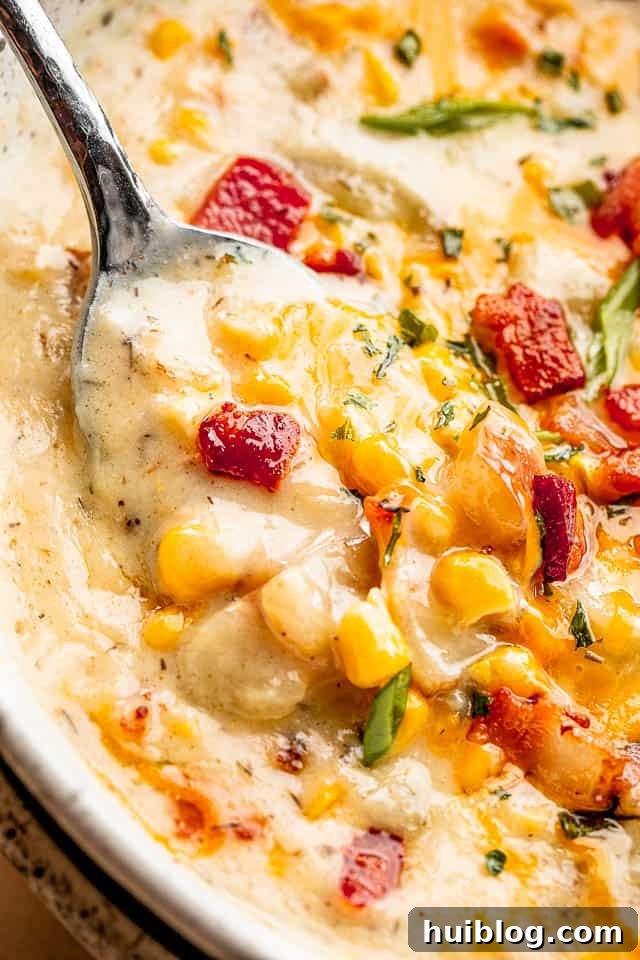 Speedy Creamy Instant Pot Corn Chowder 5 up close shot of a spoon inside creamy corn chowder with bacon