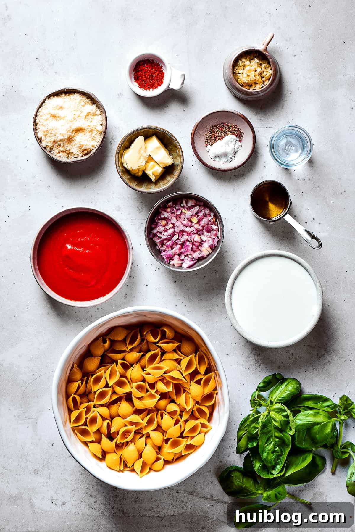 Gigi Hadid's Popular Pasta: Vodka Optional 4 Gigi Hadid pasta ingredients meticulously measured and arranged on a clean work surface.