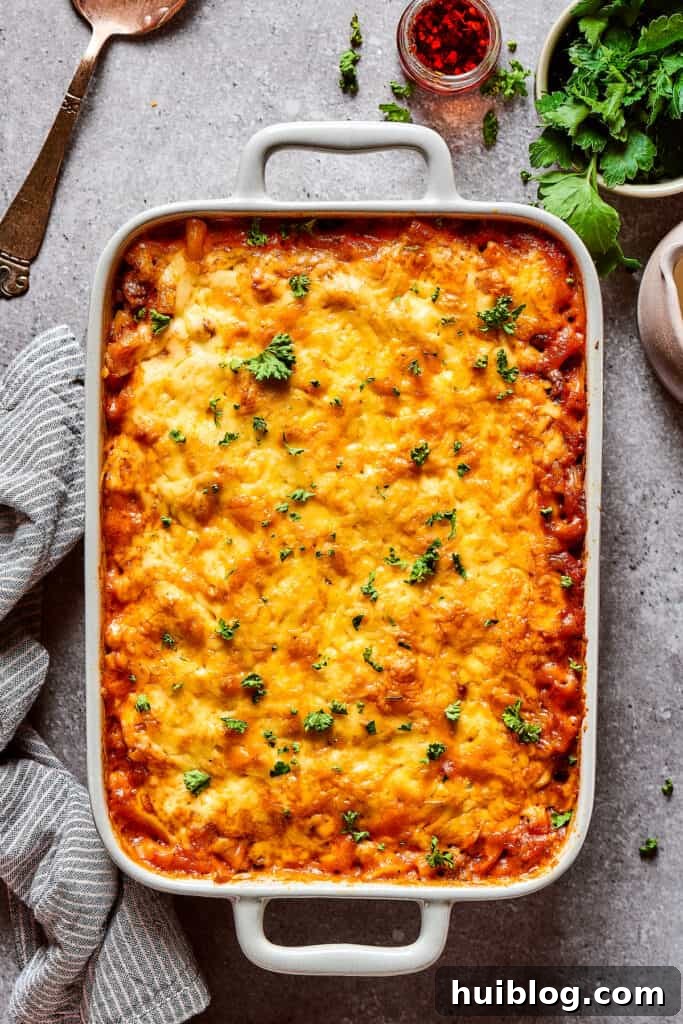 The beautifully baked cheeseburger casserole, hot and bubbly from the oven.