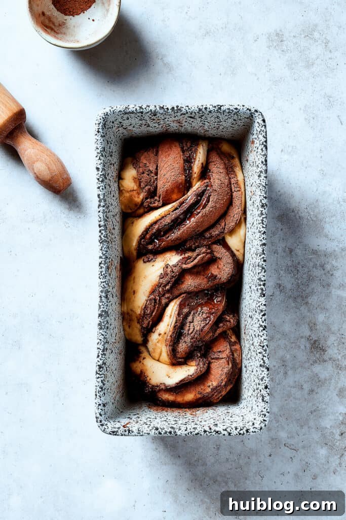 Twisted lengths of chocolate-filled dough placed in a loaf pan.