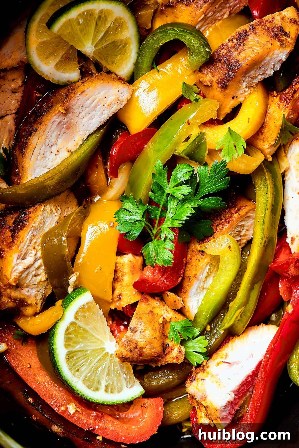 Close-up of perfectly seasoned chicken and colorful bell peppers and onions marinating and cooking in a slow cooker, ready for a delicious fajita meal.