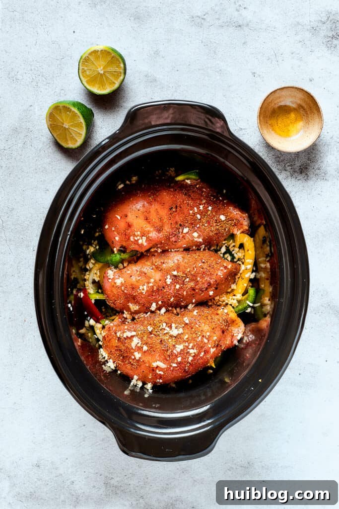 Fajita-seasoned chicken breasts nestled amongst colorful bell peppers and onions in a slow cooker insert, ready for cooking.