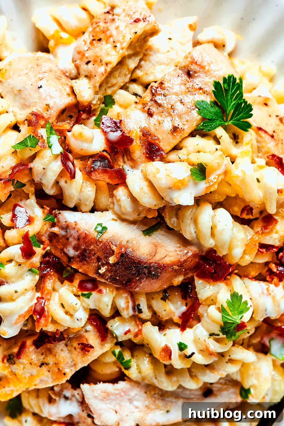 Close-up of the delicious Chicken Bacon Ranch Pasta garnished with parsley. A close-up shot of creamy Chicken Bacon Ranch Pasta, expertly plated and garnished with vibrant fresh parsley, highlighting its rich texture and irresistible appeal.