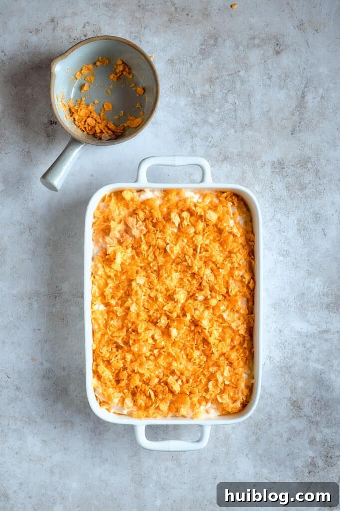 Cornflakes sprinkled over the casserole.