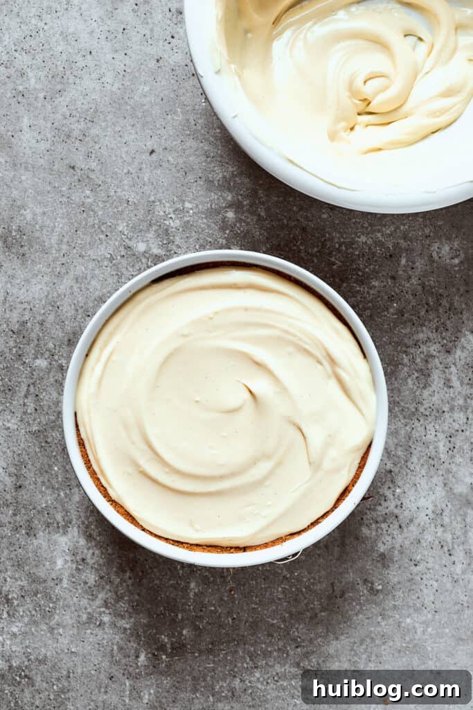 The smooth, creamy cheesecake filling being spread evenly into a baked graham cracker crust in a springform pan.
