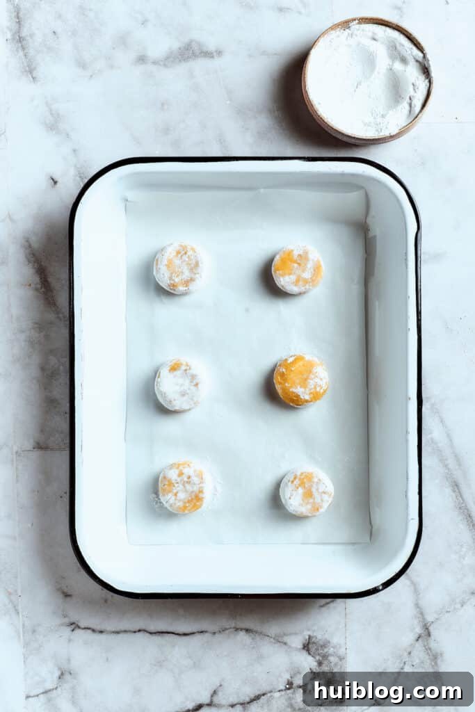 Lemon cookies are tender, soft, moist, and chewy, with tart and tangy fresh lemon flavor balanced by rich brown sugar and smooth vanilla. Overhead view of 6 balls of lemon cookie dough covered in powdered sugar in a baking tray.
