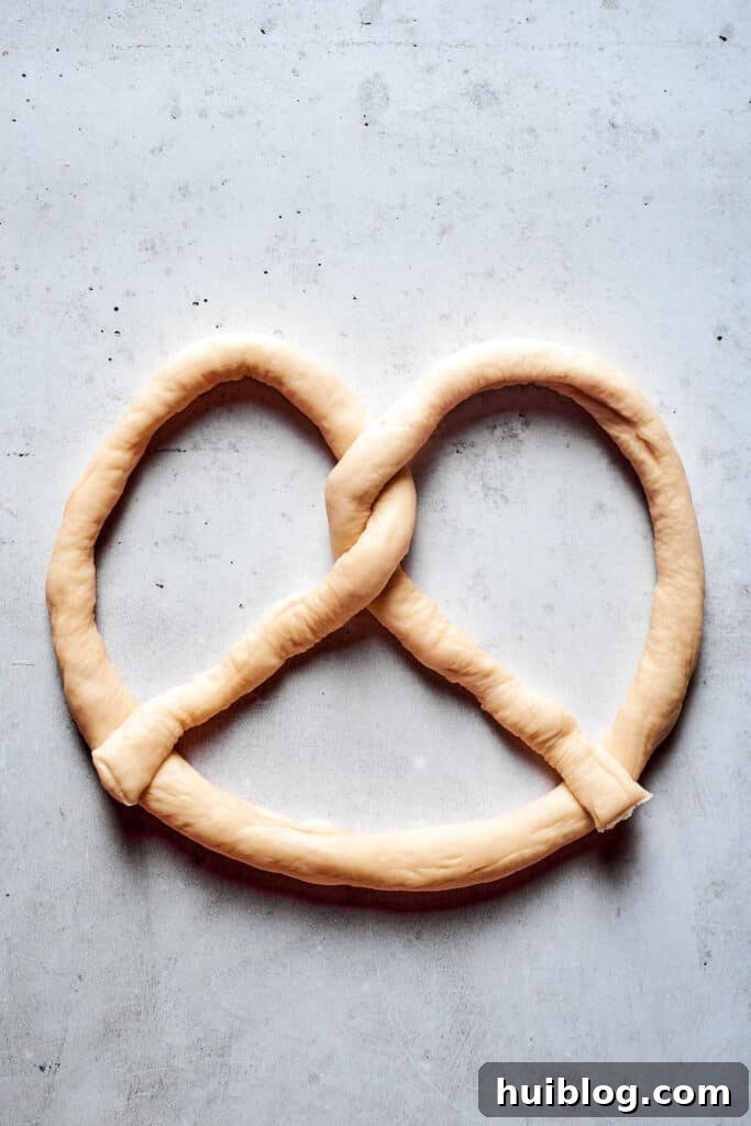The crossed ends of the pretzel dough rope are twisted and brought down to attach to the bottom of the 'u' shape, completing the classic pretzel form.