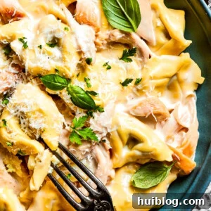 A blue bowl with a fork holds a creamy portion of chicken tortellini garnished with parmesan cheese and basil leaves.