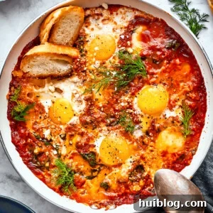 Cooked eggs in purgatory in a skillet are garnished with parsley and toasted bread with a silver spoon resting on its edge.