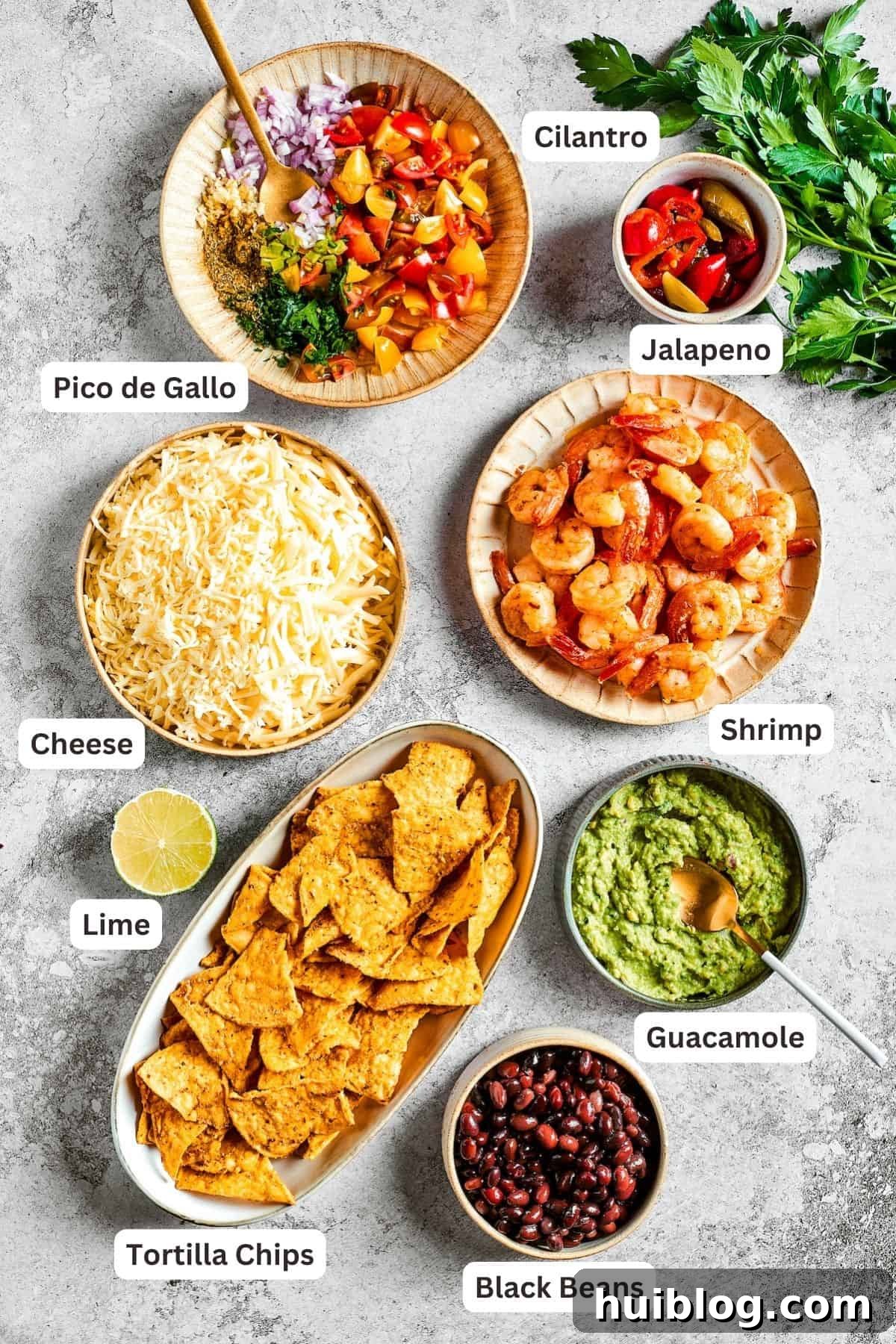 Coastal Crunch Shrimp Nachos 3 Ingredients for shrimp nachos are shown: tortilla chips, pico de Gallo, guacamole, shrimp, lime, cheese, jalapeno.