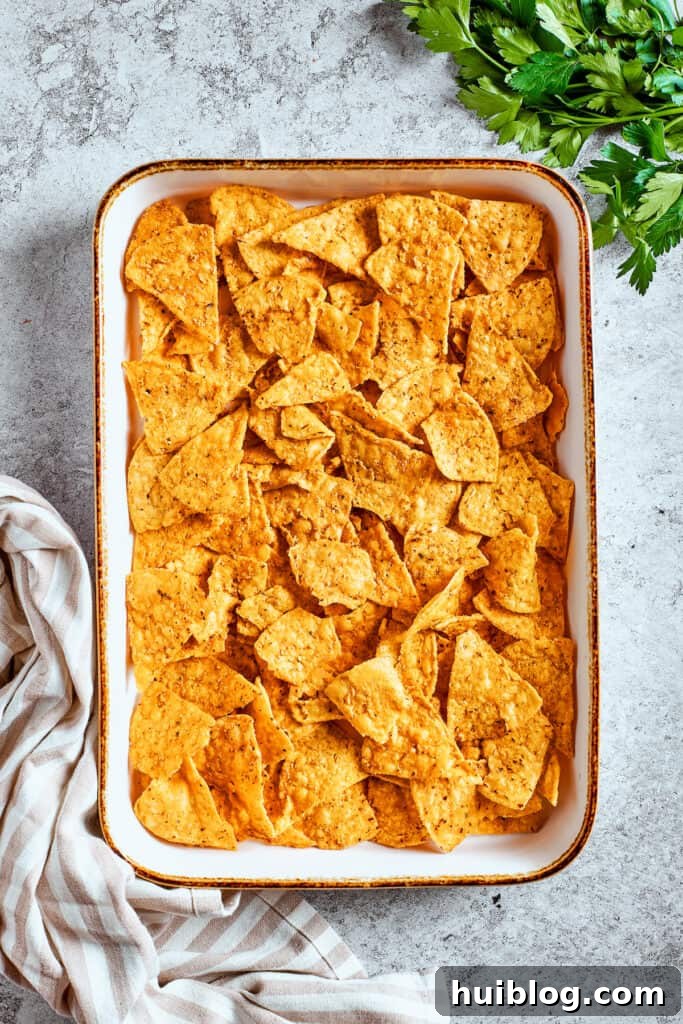 Coastal Crunch Shrimp Nachos 8 Nachos are arranged in a baking tray.