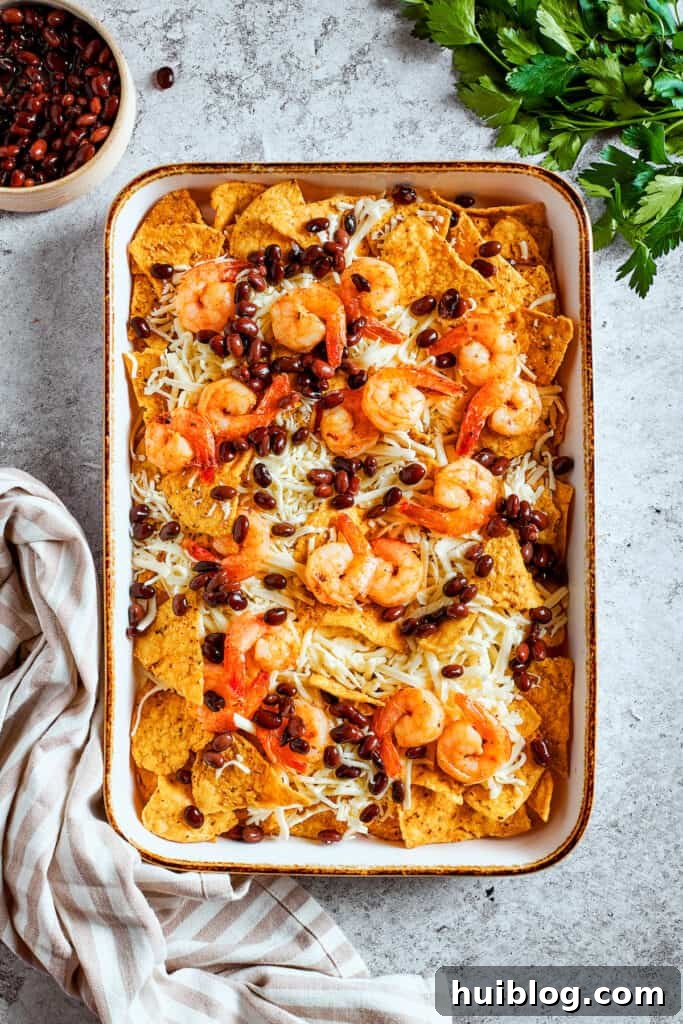 Coastal Crunch Shrimp Nachos 10 Toppings are scattered over the top of the nachos.