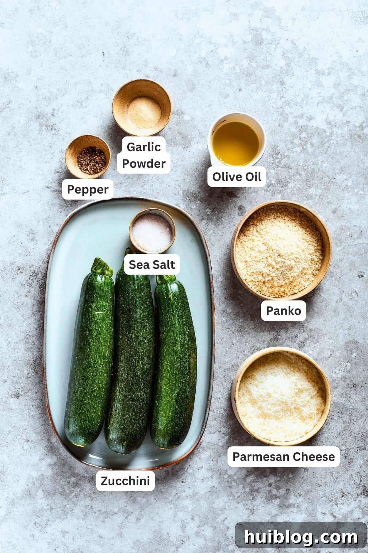 Ingredients for zucchini chips are shown labeled and portioned out: fresh zucchini, garlic powder, black pepper, olive oil, panko breadcrumbs, sea salt, and grated parmesan cheese.
