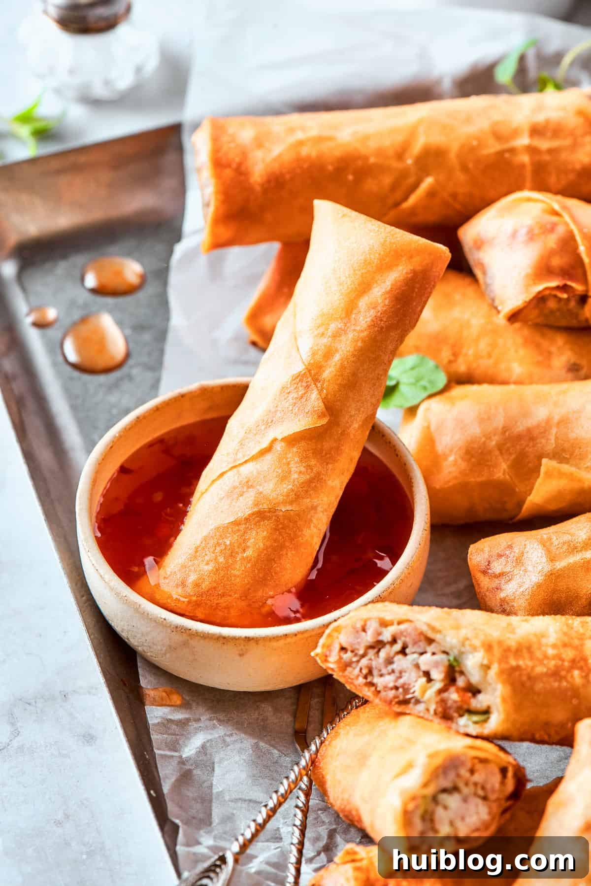 A delicious display of sliced and whole crispy chicken egg rolls, served elegantly with a small bowl of savory dipping sauce. One egg roll is artfully dipped into the sauce, showcasing its golden perfection.