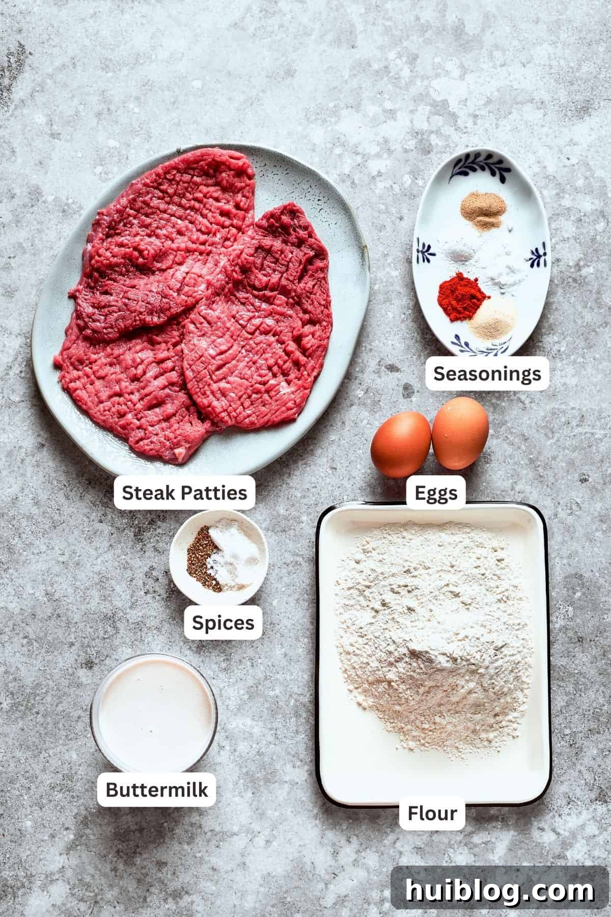 Chicken fried steak ingredients are labeled: steak, eggs, seasonings, flour, spices.