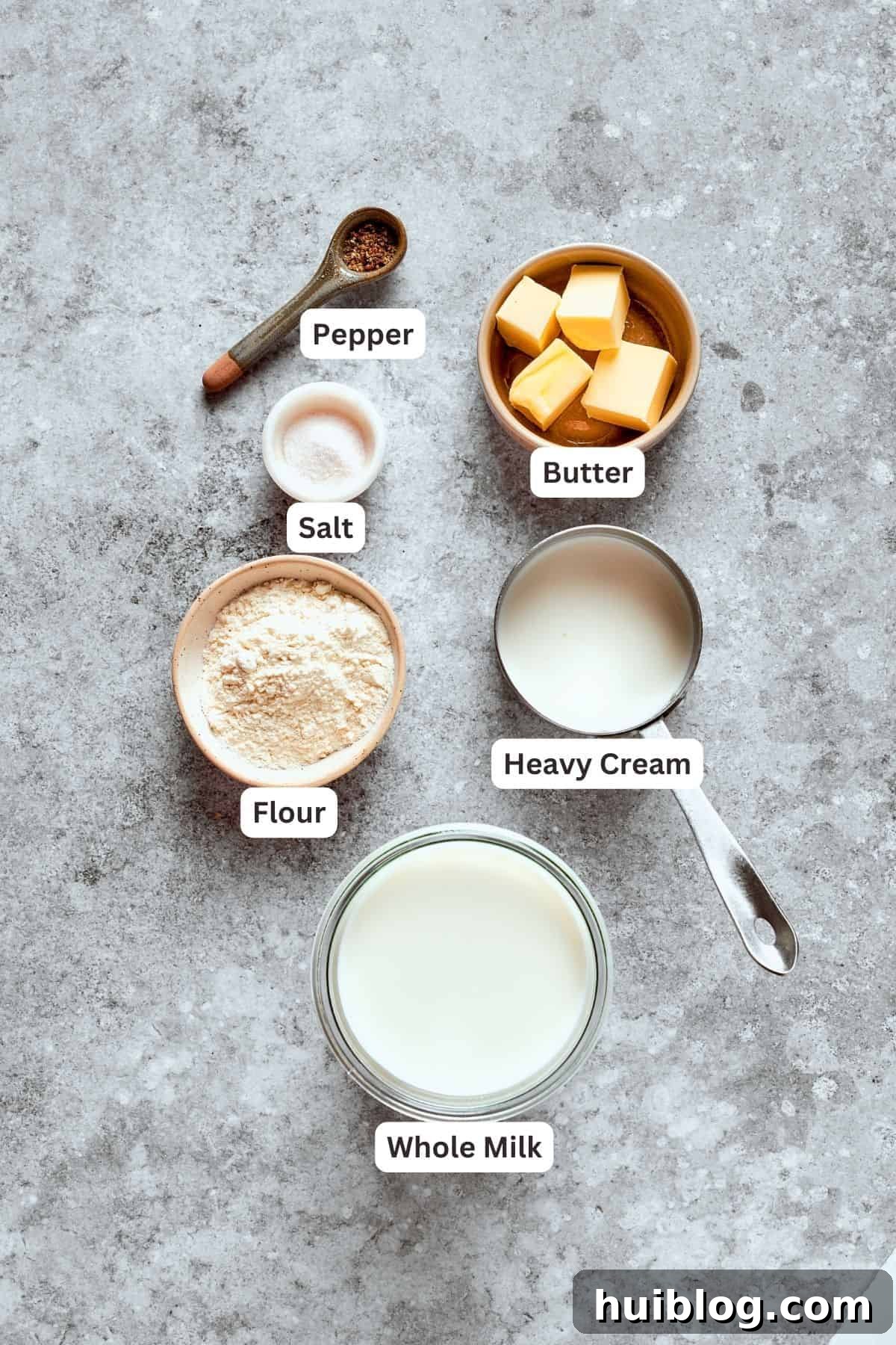 Chicken fried steak gravy ingredients are labeled: flour, heavy cream, milk, butter, salt and pepper.
