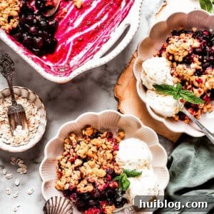 Overhead image of two dessert bowls of blueberry crisp served with scoops of ice cream. There is a baking dish with the crisp placed near the bowls.