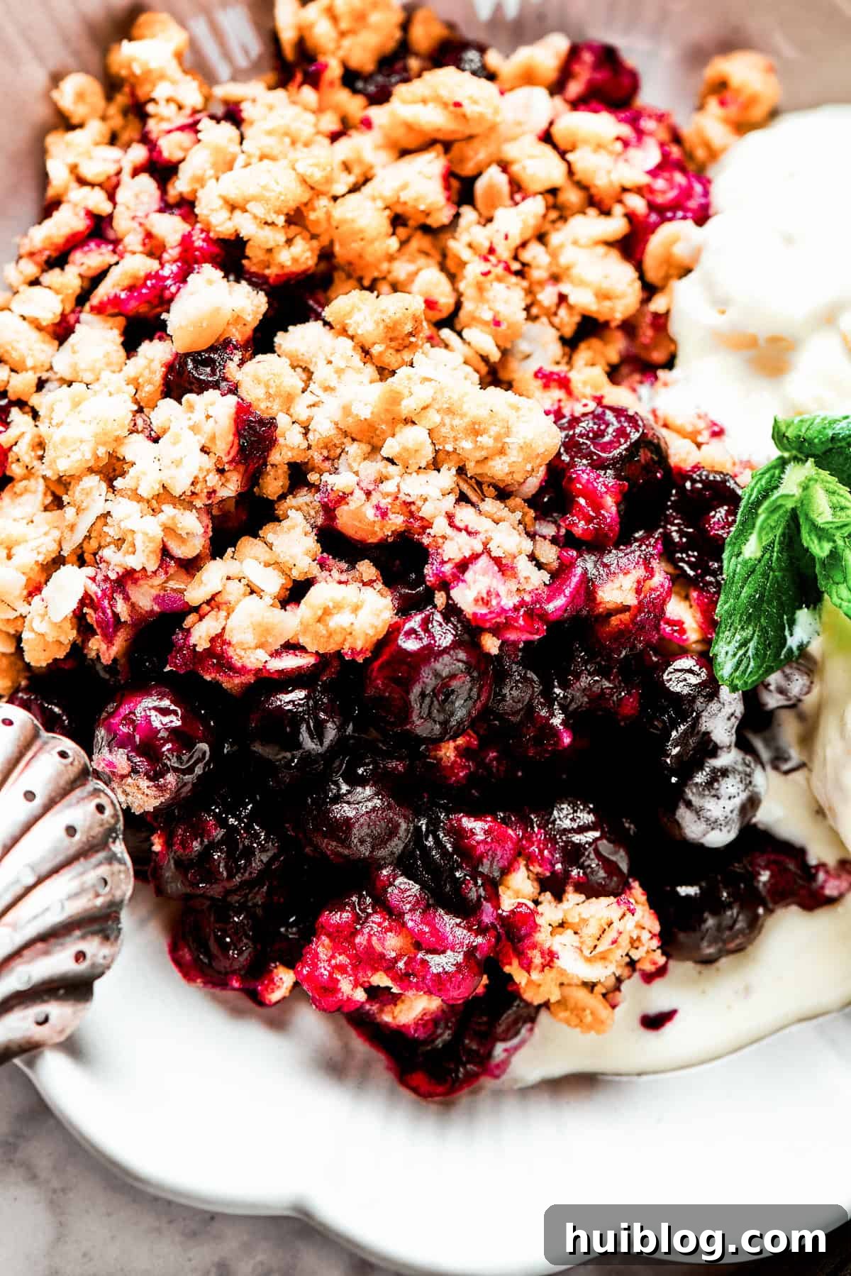 Bursting with juicy berries, this Blueberry Crisp Recipe is topped with a buttery brown sugar and oat crumble. Close-up shot of baked blueberries under a crisp topping.