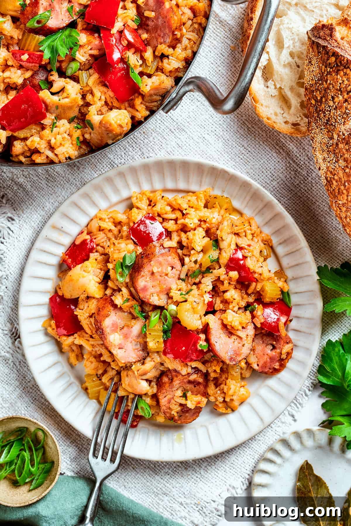 A generous serving of Chicken and Sausage Jambalaya beautifully plated, garnished with fresh green scallions and parsley, ready to be enjoyed.
