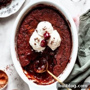 Chocolate cake in a casserole dish garnished with vanilla ice cream scoops, two cherries, with a gold-colored spoon set inside the cake.