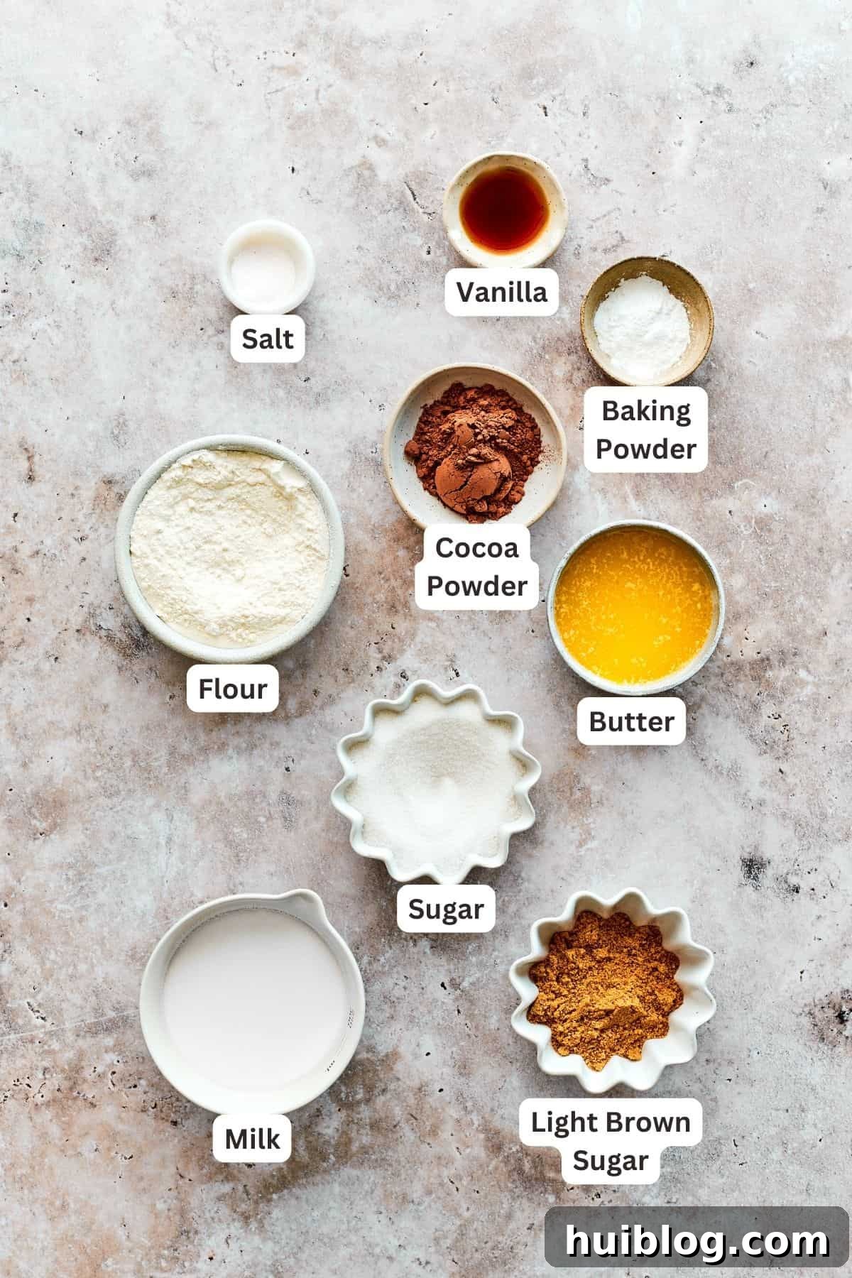 Chocolate pudding cake cake batter ingredients are shown labelled: brown sugar, granulated sugar, baking powder, cocoa powder, salt, vanilla, milk, flour.
