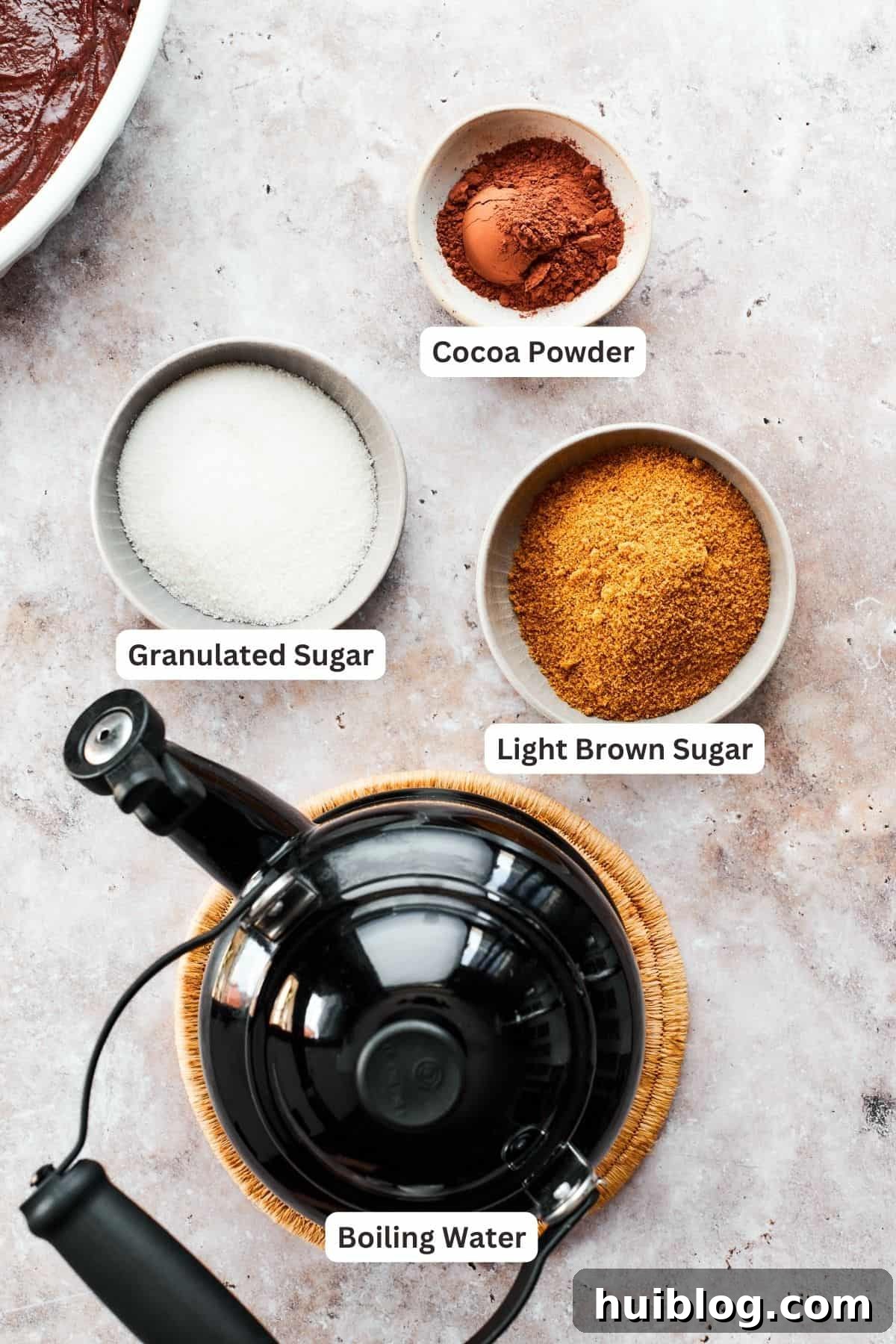 Chocolate pudding cake topping ingredients are labeled: boiling water, brown sugar, granulated sugar, cocoa powder.