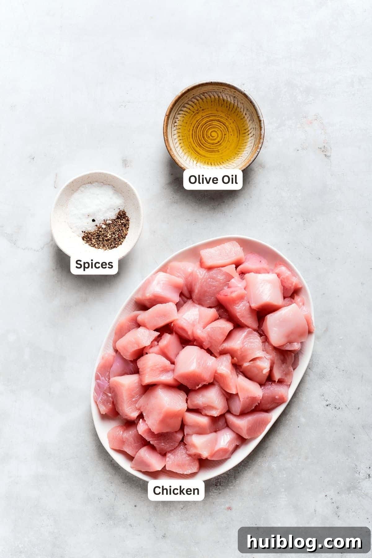 Chicken teriyaki recipe ingredients: spices, olive oil, chicken.