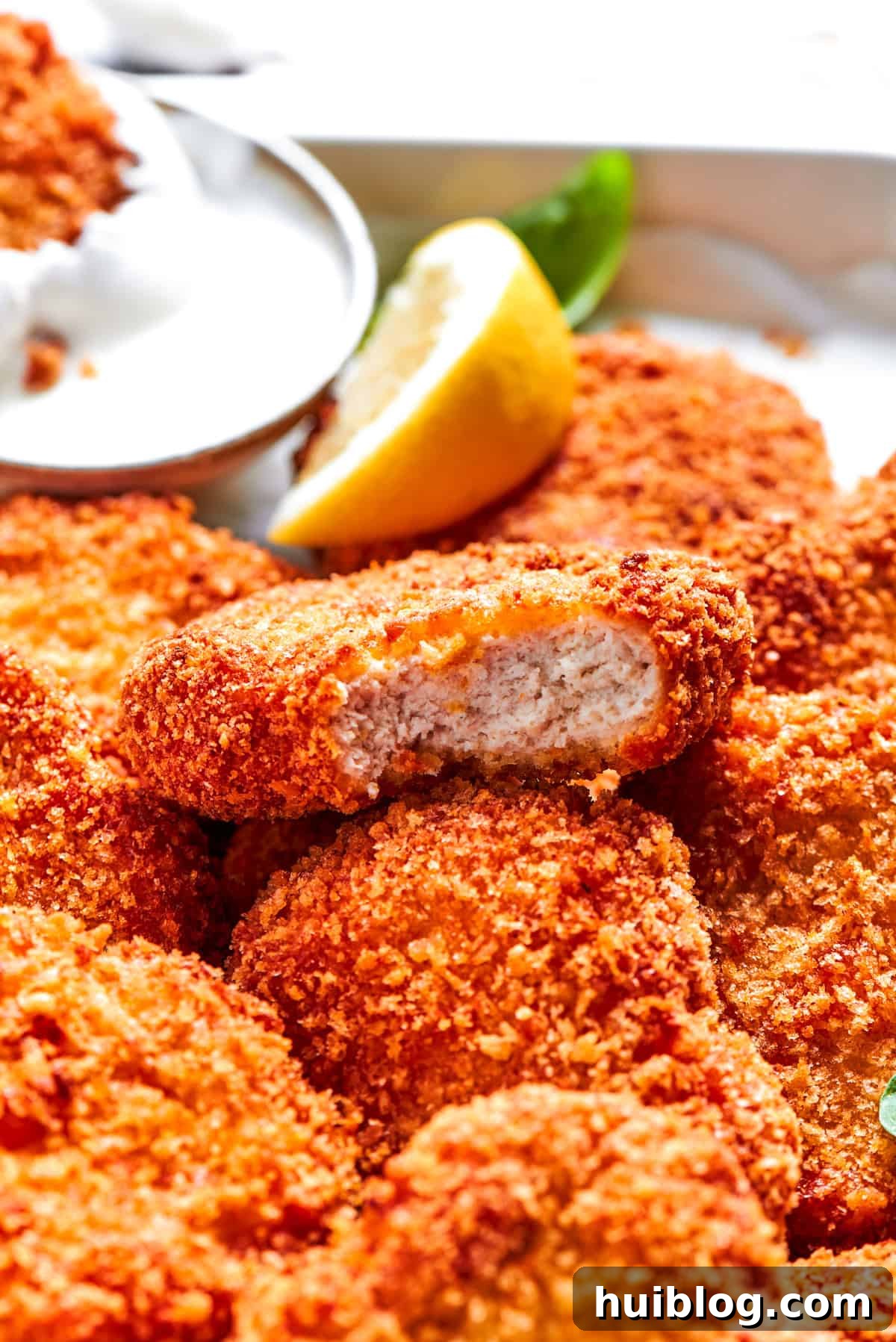A delicious pile of golden, homemade chicken nuggets, with one showing a juicy interior after a bite, emphasizing their perfect texture.