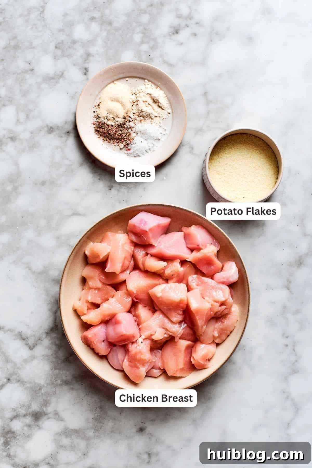 Chicken nugget ingredients: chicken, onion powder, garlic powder, potato flakes, salt, pepper.