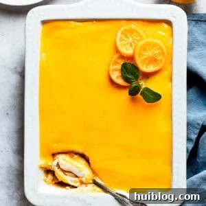 A serving spoon is digging into the corner of a pan of lemon tiramisu, showcasing its luscious layers.