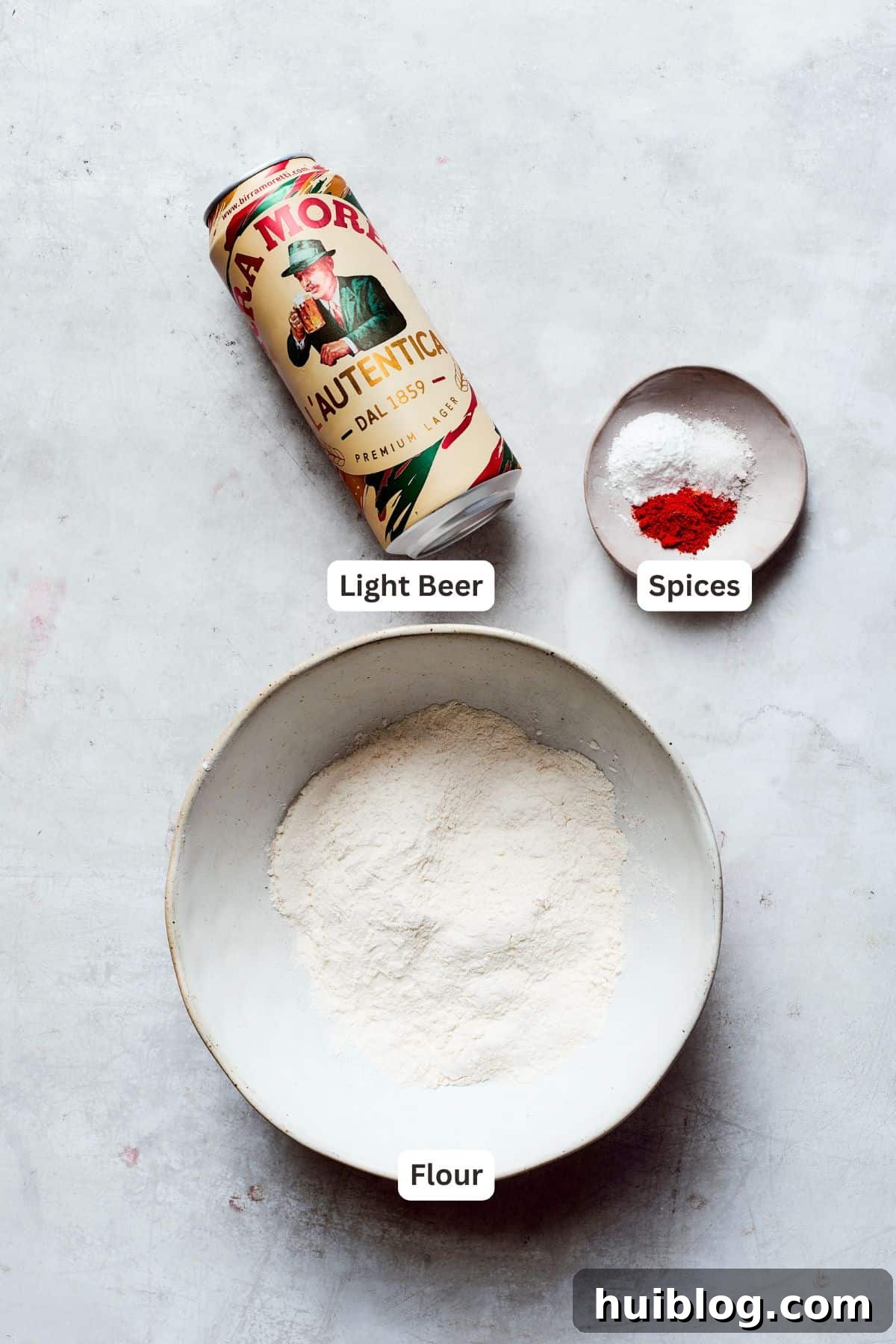 Light and crispy on the outside with a fork-tender inside, Beer Battered Chicken is an instant classic and so easy to make! Batter ingredients are labeled: beer, flour, spices.