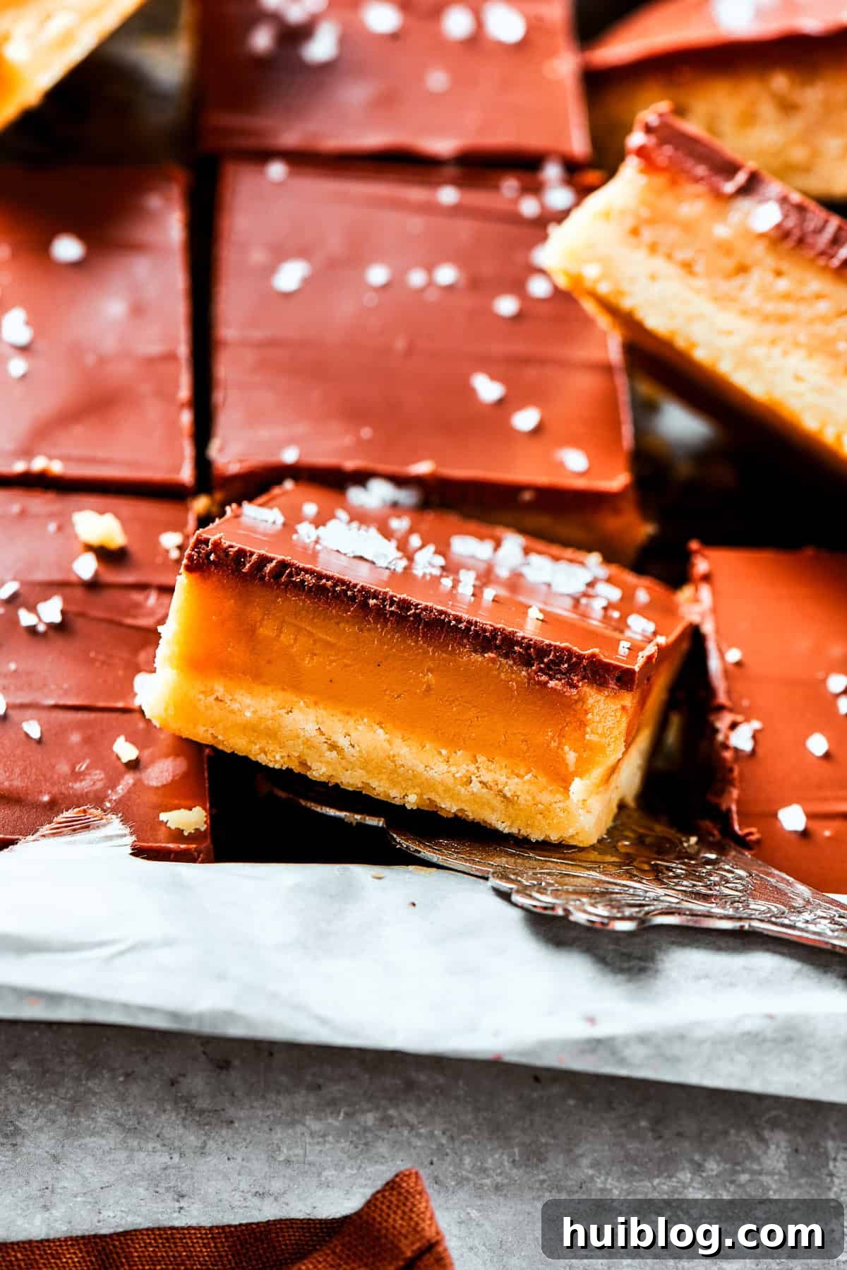 A side view of a bountiful pile of golden Millionaire Bars, highlighting their perfect layers and rich textures.