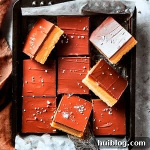 A square pan of Millionaire bars, showcasing their perfectly set layers of shortbread, caramel, and chocolate.